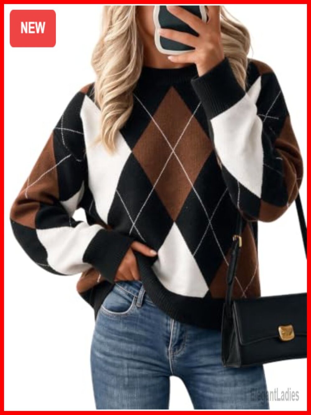 Argyle Plaid Color Block Knit Pullover Sweater Crew Neck Long Sleeve